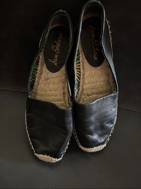 Sam Edelman Black Leather Espadrille Flats with Jute Trim